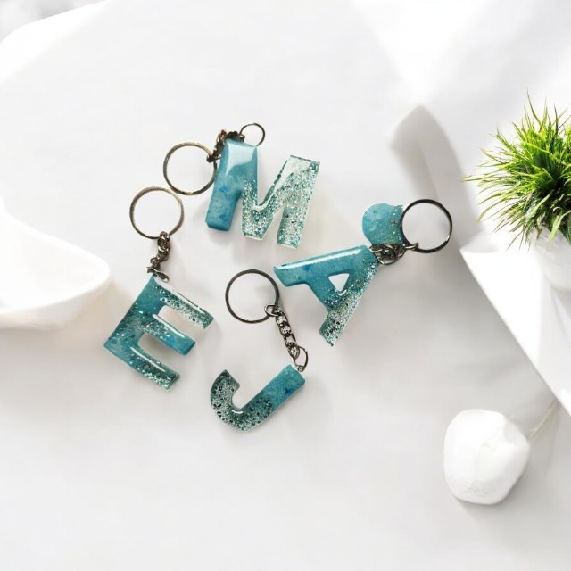 Sparkling Classic Resin Keychain in Blue with Blue and silver glitter - Butterfly Embellishment - Alphabet M