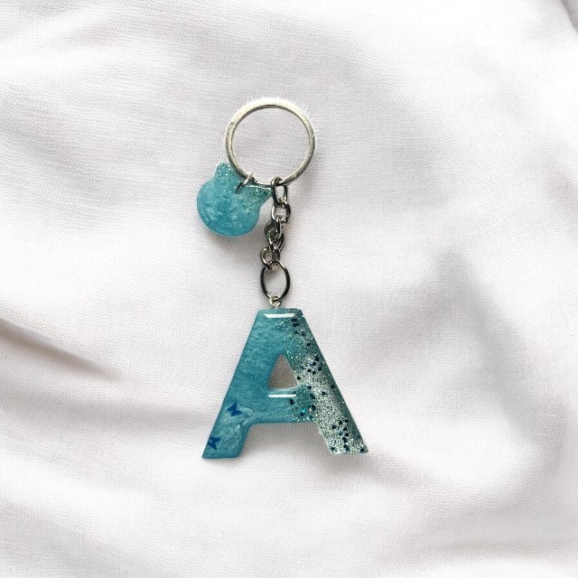 Sparkling Classic Resin Keychain in Blue with Blue and silver glitter - Butterfly Embellishment - Alphabet A