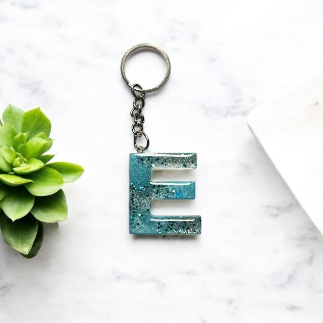 Sparkling Classic Resin Keychain in Blue with Blue and silver glitter - Butterfly Embellishment - Alphabet E