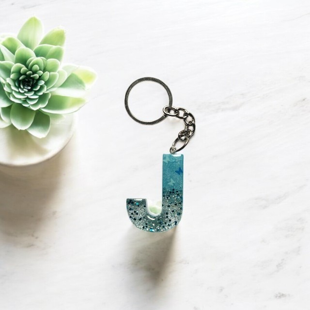 Sparkling Classic Resin Keychain in Blue with Blue and silver glitter - Butterfly Embellishment - Alphabet J