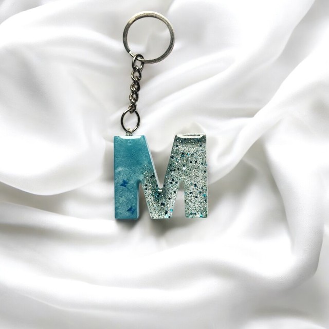 Sparkling Classic Resin Keychain in Blue with Blue and silver glitter - Butterfly Embellishment - Alphabet M