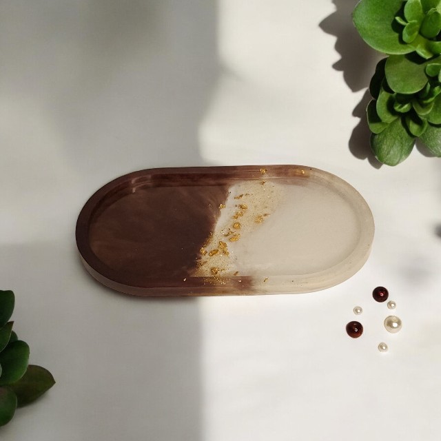 Elegant Brown and Pearl White Oval Vanity Tray with Gold tone