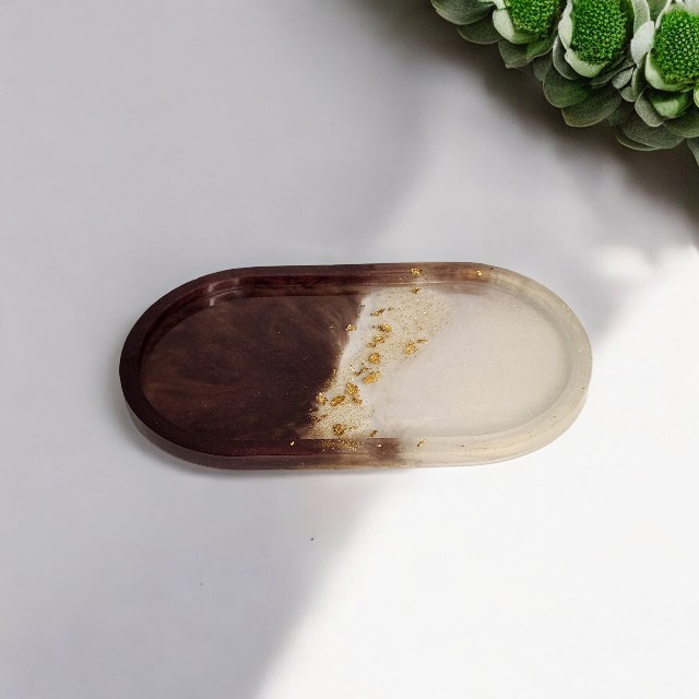 Elegant Brown and Pearl White Oval Vanity Tray with Gold tone