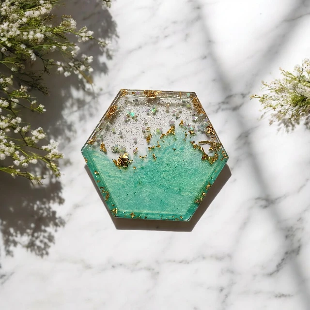 Lustrous Green Hexagon Resin Coaster  with Gold tone - Green Heart Charm Edition