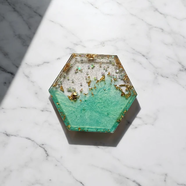 Lustrous Green Hexagon Resin Coaster  with Gold tone - Green Heart Charm Edition