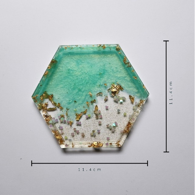 Lustrous Green Hexagon Resin Coaster  with Gold tone - Green Heart Charm Edition