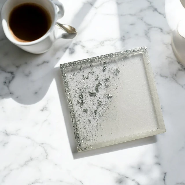 Sparkling White Square  Resin Coaster with Silver tone