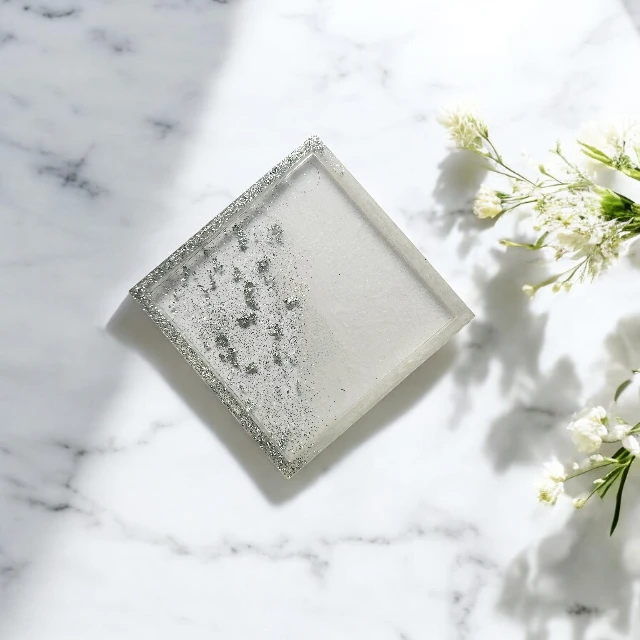 Sparkling White Square  Resin Coaster with Silver tone