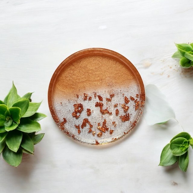 Shimmery Bronze Round Resin Coaster with Bronze tone