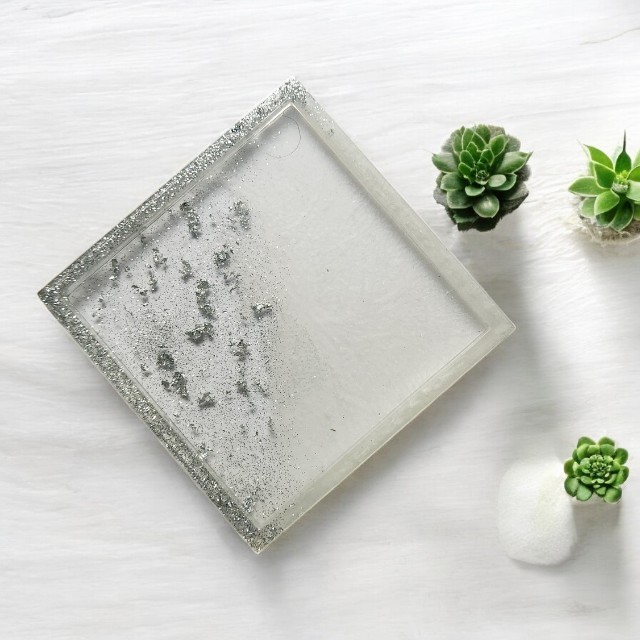 Sparkling White Square  Resin Coaster with Silver tone